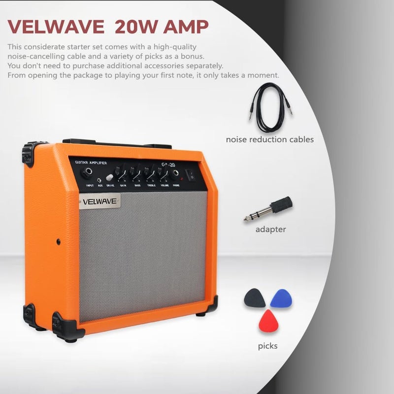VELWAVE Electric Guitar Amplifier 20W Orange Portable Smart amp 6.5'' Speaker 6.5mm Input 3.5mm aux Drive gain bass Treble Volume and Headphone Jack Practice amp - Image 5